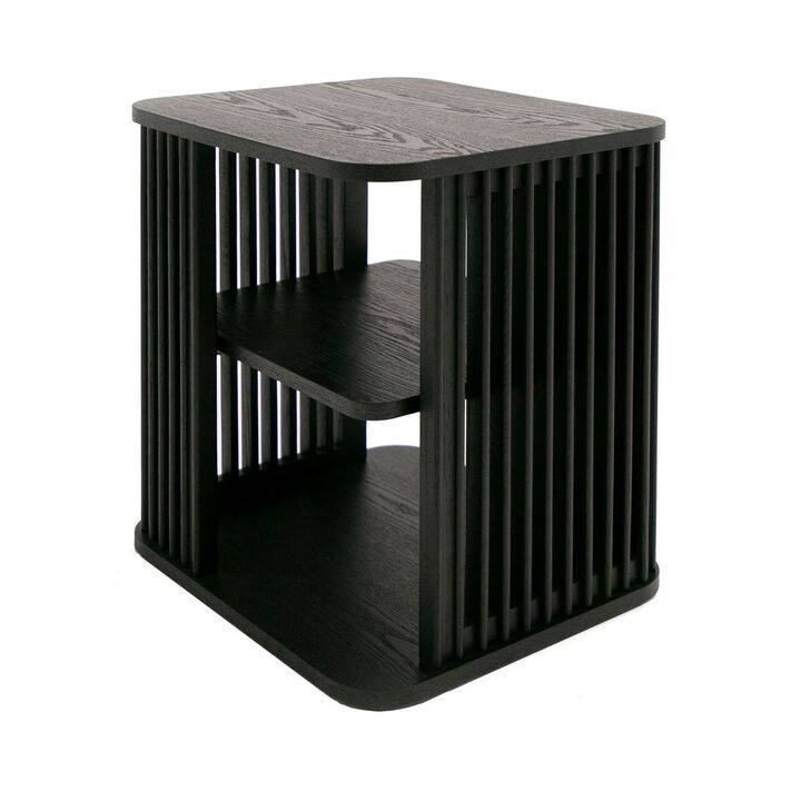 19 Inch Side End Table, 3 Shelves, Modern Vertical Slats, Black Ash Wood - Benzara