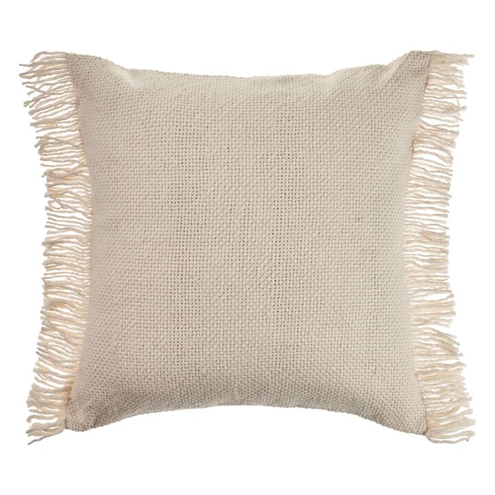 20" Cream Solid Hand Woven Square Throw Pillow with Fringe