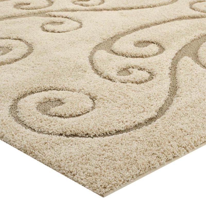 Jubilant Sprout Scrolling Vine 5x8 Shag Area Rug - Creame and Beige