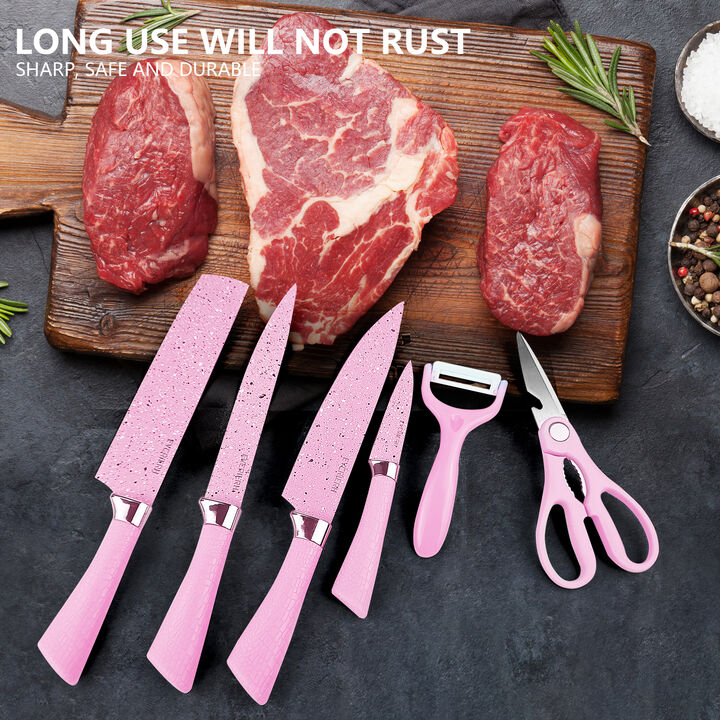 Mega Casa 6 PCS Kitchen Knife Set Japanese Damascus Chef Knives Cleaver Set (Pink)