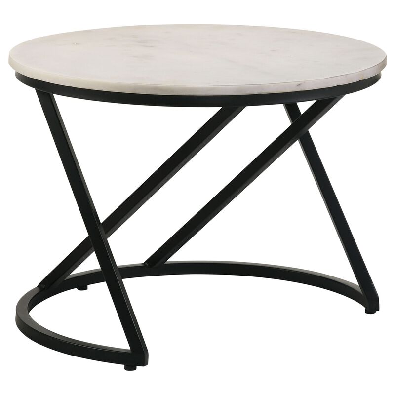24 Inch Accent Coffee Table, White Marble Top, C Base, Black Metal Finish - Benzara