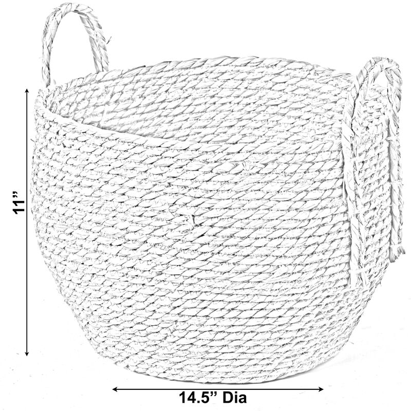 Decorative Round Wicker Woven Rope Storage Blanket Basket with Braided Handles - Large