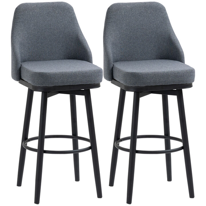 HOMCOM Bar Height Bar Stools Set of 2, Modern 360� Swivel Barstools, 29.5 Inch Seat Height Upholstered Kitchen Chairs with Steel Legs and Footrest, Dark Grey