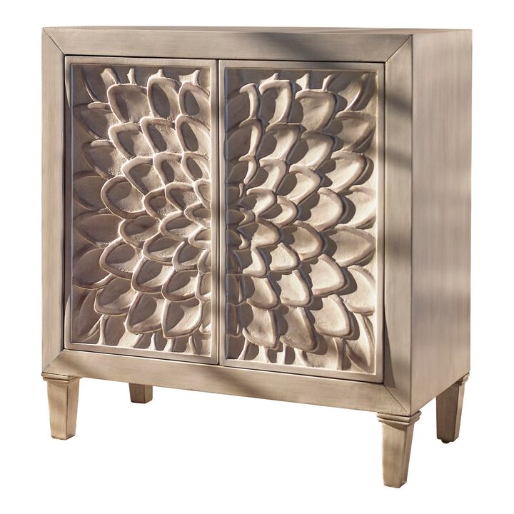 2 Door Wooden Accent Cabinet with Floral Carving, Distressed Whitewash-Benzara