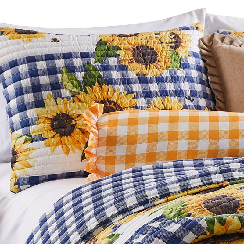 3 Piece King Quilt Set with Sunflower Print, Yellow - Benzara