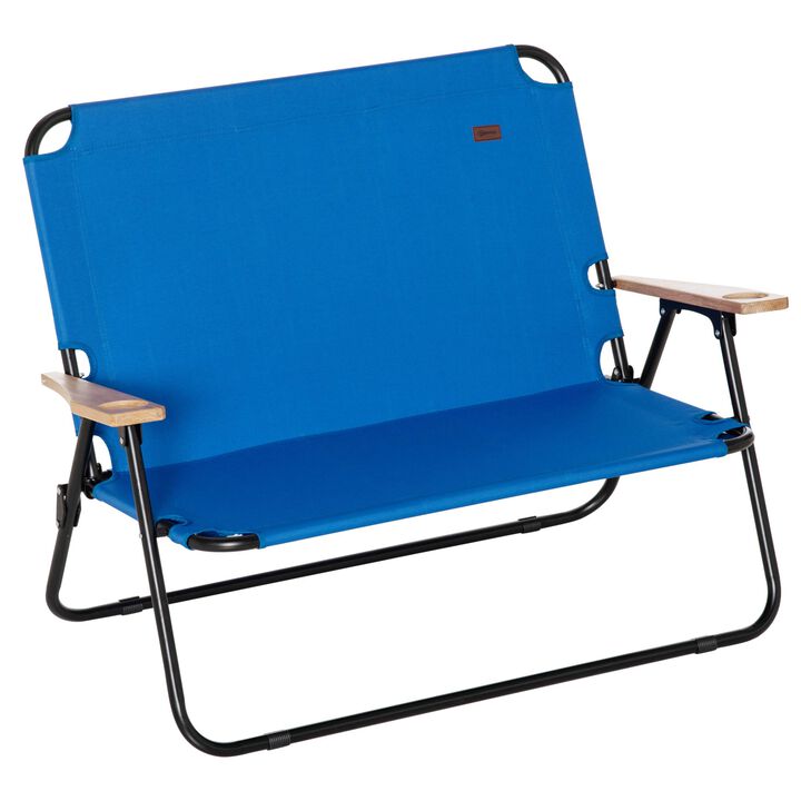 Blue Outdoor Loveseat: Folding Double Chair with Cup Holders