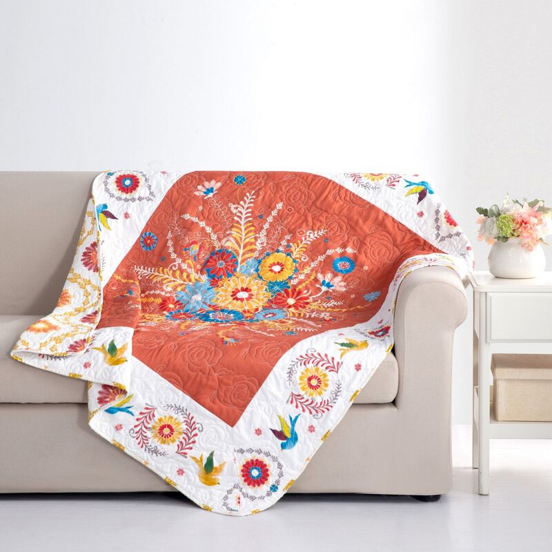 50 x 60 Inch Quilted Throw Blanket with Fill, Floral Print, Multicolor - Benzara