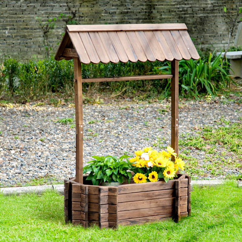 Outsunny Wishing Well Planter, Wooden Raised Garden Bed, Ornamental Outdoor Flower Planter for Outdoor Garden, Yard, Lawn, and Home Decor