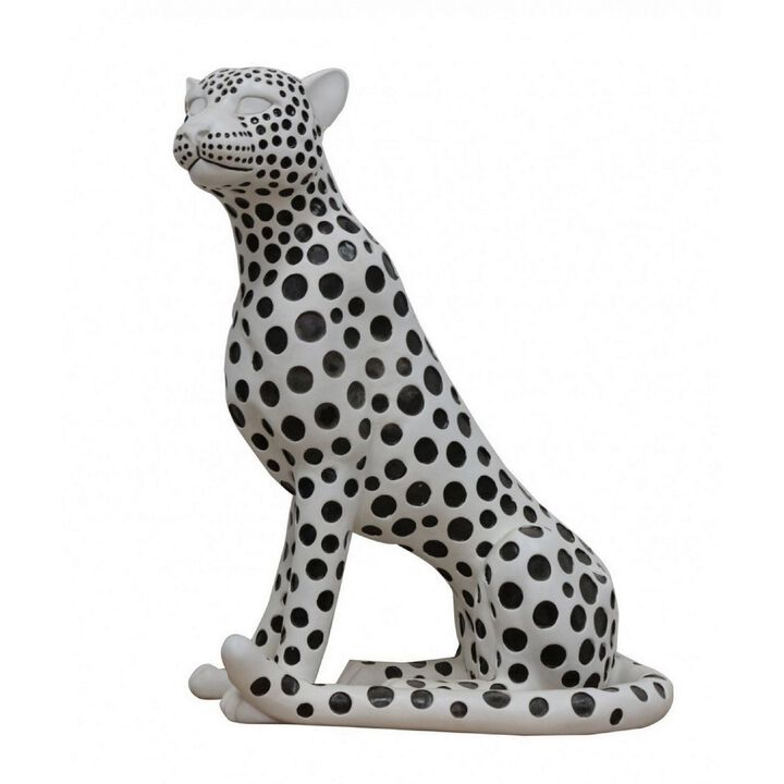 Cid 24 Inch Modern Polyresin Leopard Sculpture Decor, Dotted, White, Black-Benzara