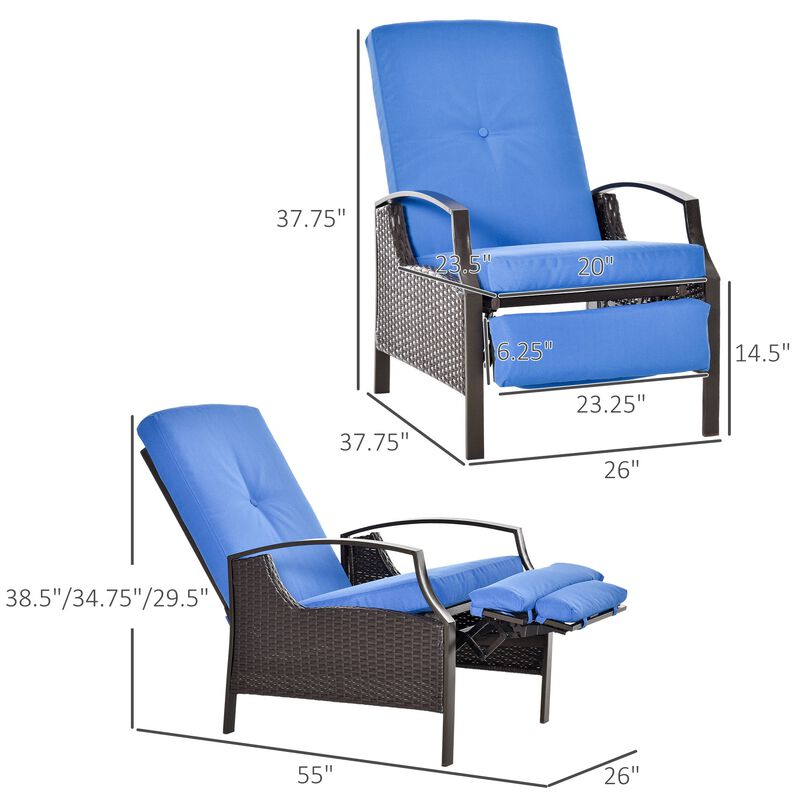 Rattan Adjustable Recliner Chair with Hand-Woven All-Weather Wicker for Patio, Outdoor, Garden, Poolside, Blue