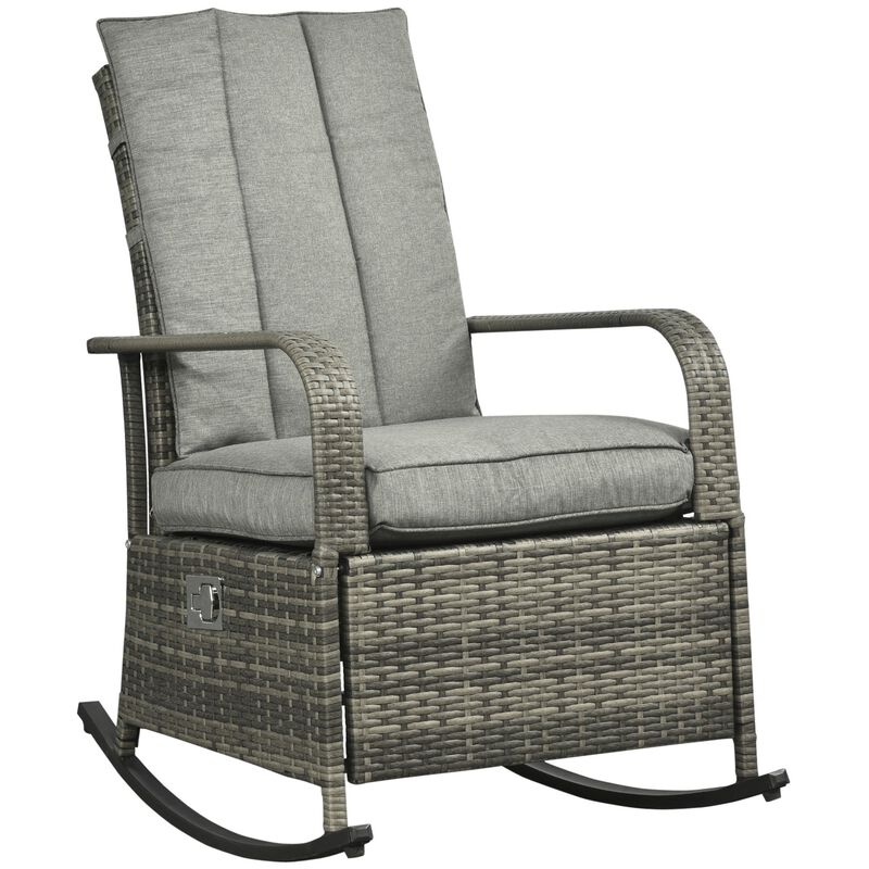 Grey Rattan Wicker Rocking Chair with Soft Cushion, Adjustable Footrest, Patio Recliner