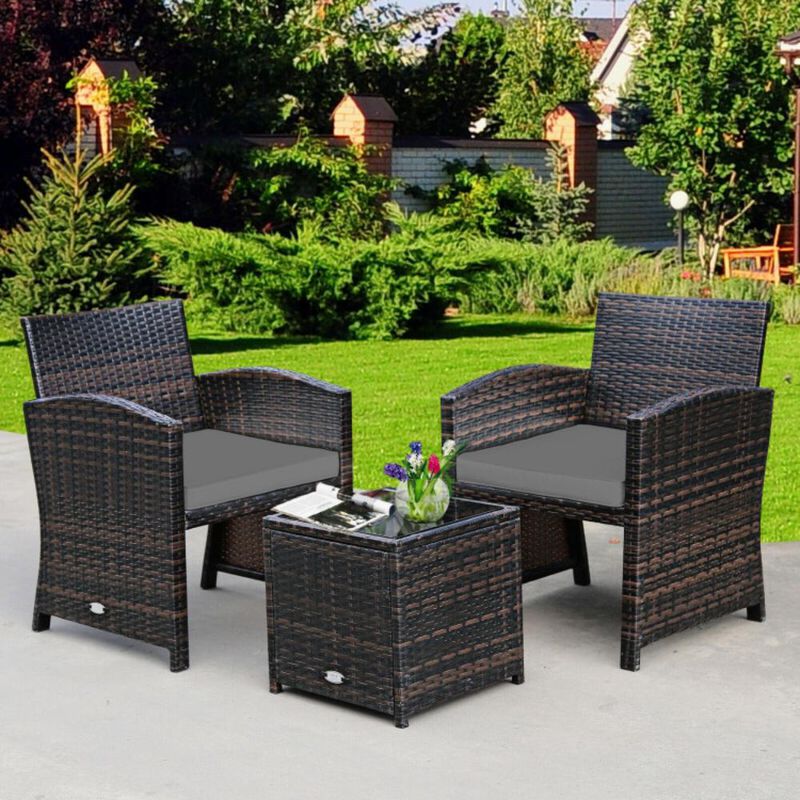 Hivvago 3 Pieces PE Rattan Wicker Furniture Set with Cushion Sofa Coffee Table for Garden