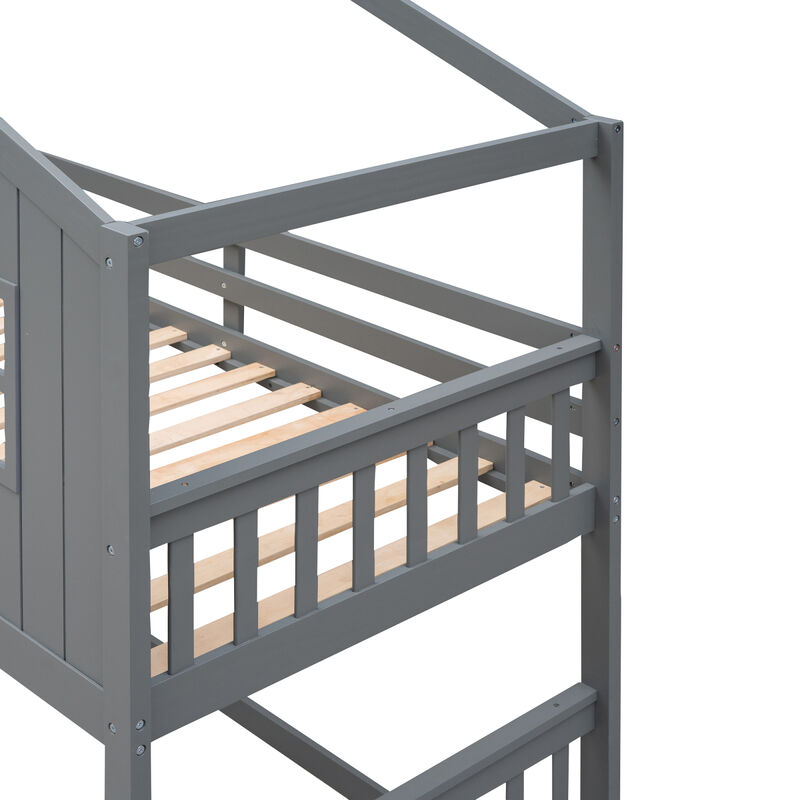 Twin Over Twin House Bunk Bed With Ladder, Wood Bed