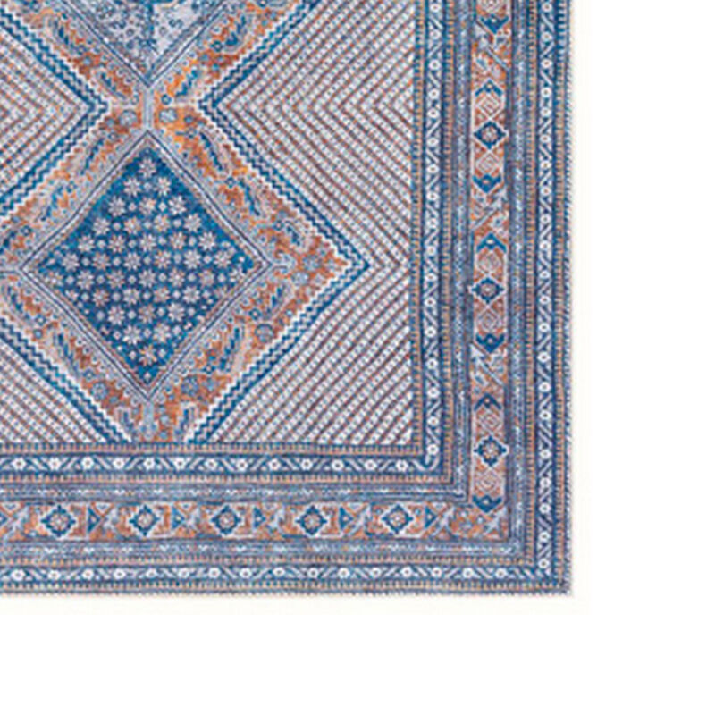 Nia 5 x 7 Washable Soft Area Rug, Ornate, Border, Medium, Cornflower Blue - Benzara
