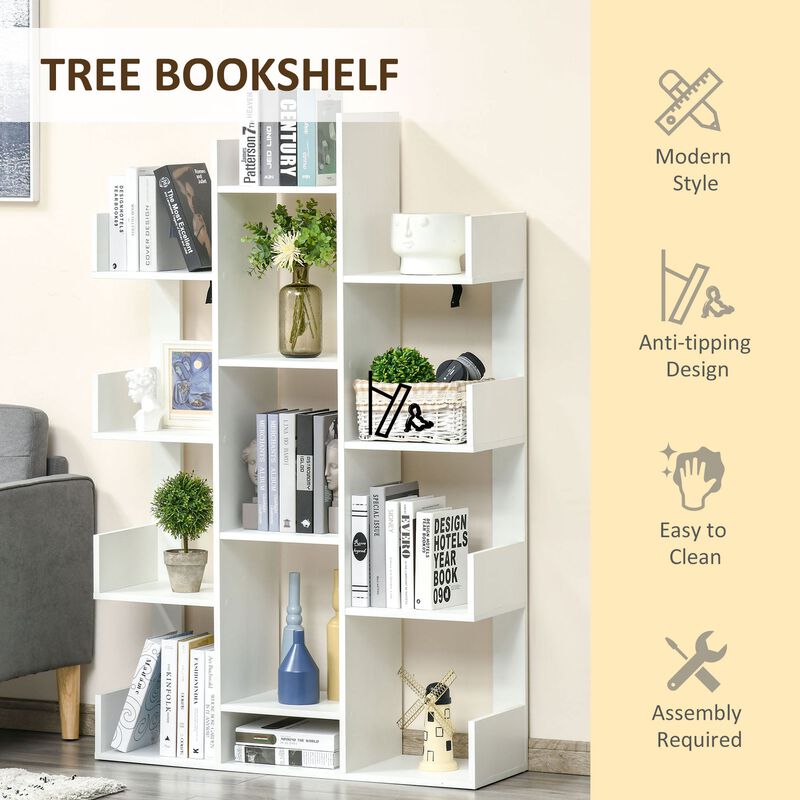 White Book Display: Modern 13-Shelf Tree Bookcase for Living Spaces