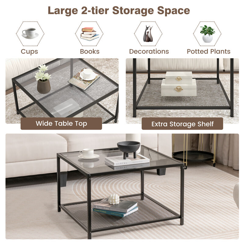 Modern 2-Tier Square Glass Coffee Table with Mesh Shelf