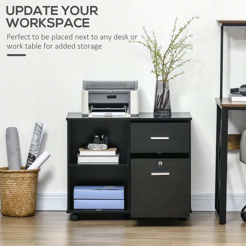 Black Office Organizer: Wheeled Lateral File Cabinet with Shelves