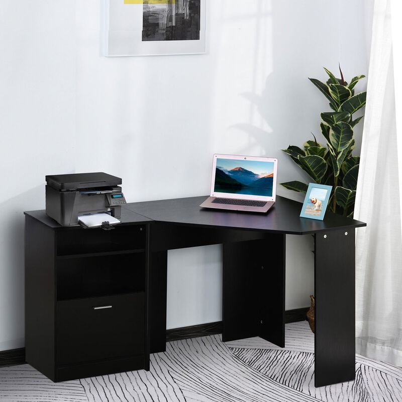Black Computer Desk with Printer Cabinet, L-Shaped Corner Desk with Storage, Study PC Workstation for Home Office
