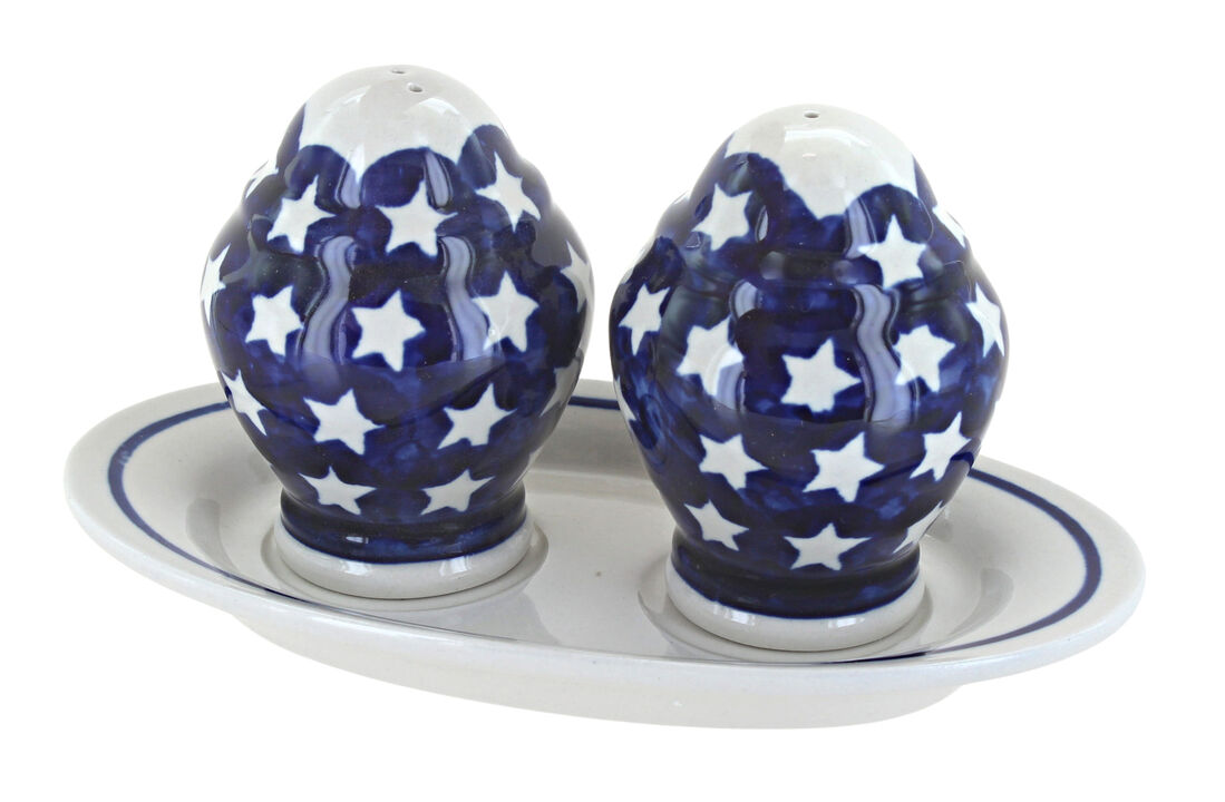 Blue Rose Polish Pottery Xena Salt & Pepper Shakers with Plate