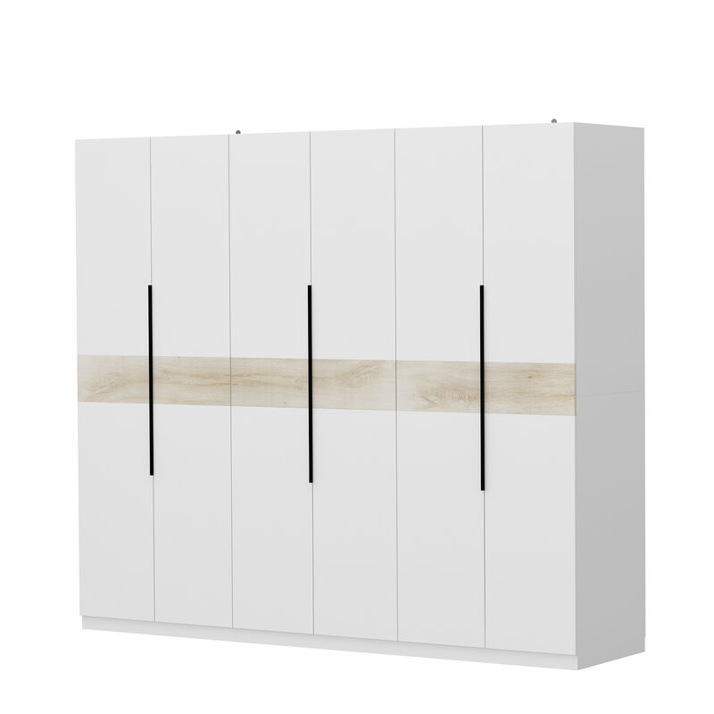 White Wood 94.4 in. W 6-Door Bedroom Armoire Large Wardrobe Closet Cabinet with 5 Hanging Rods, Drawers, Storage Shelf