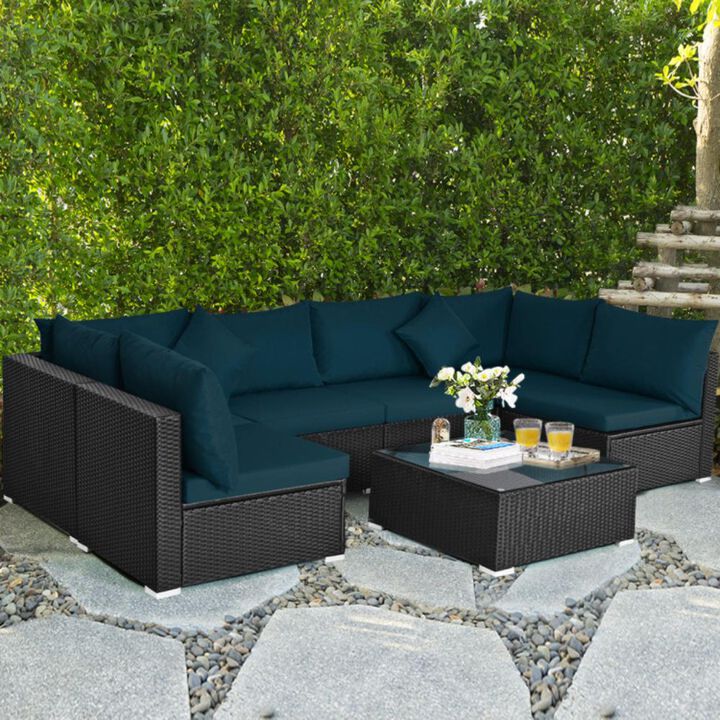 Hivvago 7 Pieces Sectional Wicker Furniture Sofa Set with Tempered Glass Top Coffee Table