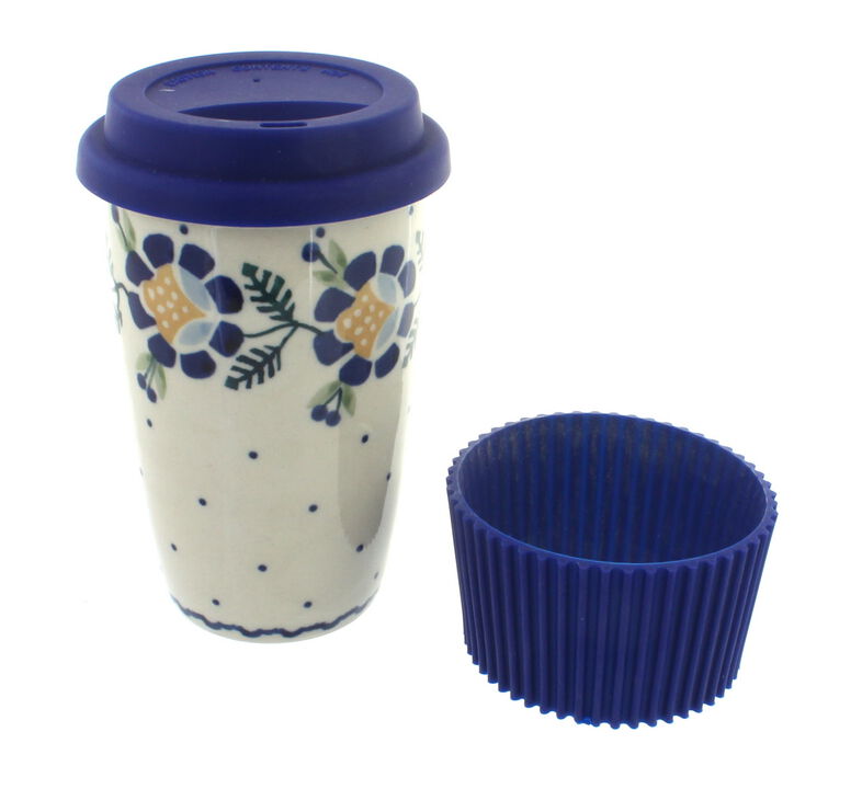 Blue Rose Polish Pottery Sage Floral Travel Coffee Mug