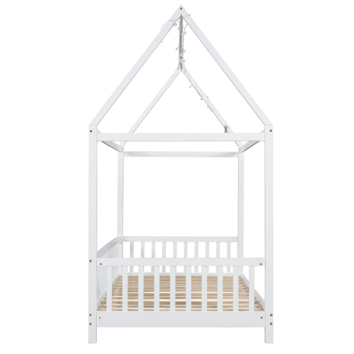 Merax Wood Twin Size House Bed with Guardrail and LED