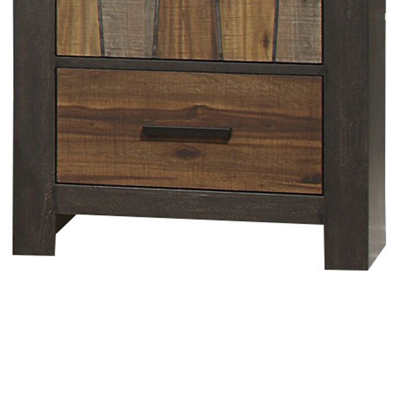 Plank Style 2 Drawer Wooden Nightstand with Metal Bar Handles, Brown - Benzara