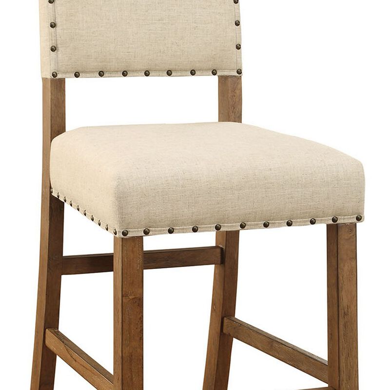 Counter Height Chair, Beige Fabric, Nailhead Trim, Set of 2, Brown Wood Legs-Benzara