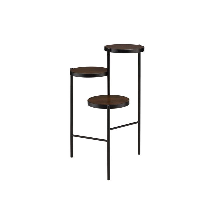 3 Tier Plant Stand with Round Wooden Shelves and Foldable Design, Black-Benzara