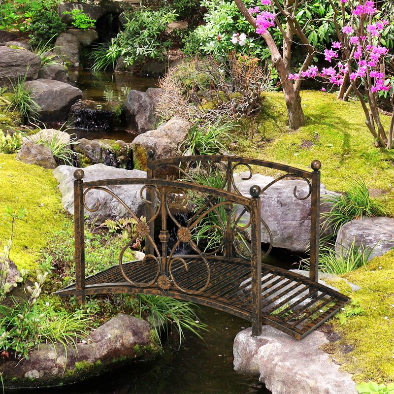Outsunny 3.3FT Metal Arch Zen Garden Bridge with Safety Siderails, Decorative Footbridge, Delicate Floral Scrollwork for Stream, Fish Pond, Brown