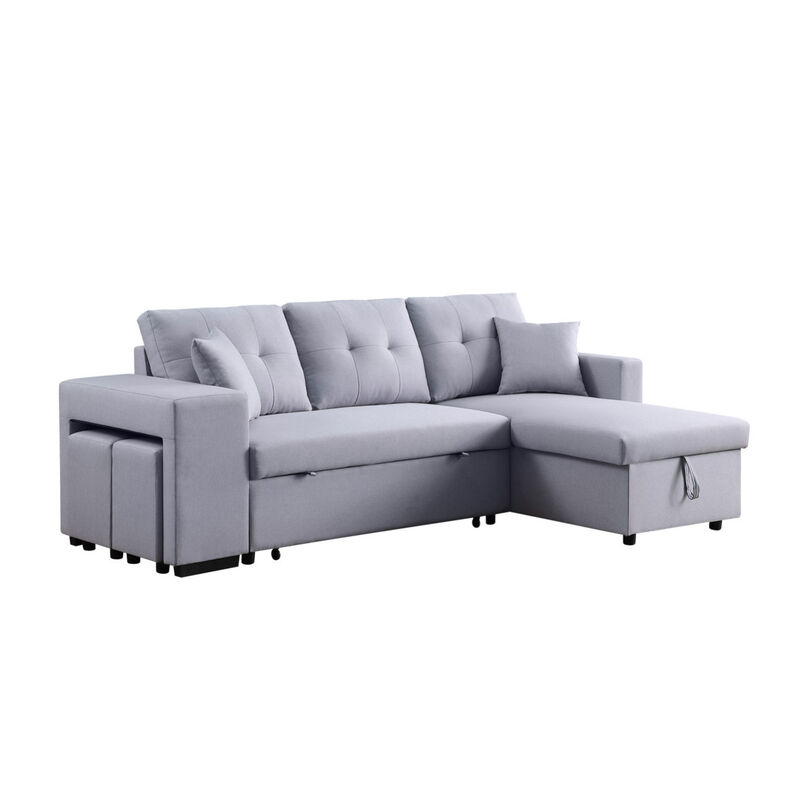 Dennis Light Gray Linen Fabric Reversible Sleeper Sectional with Storage Chaise and 2 Stools