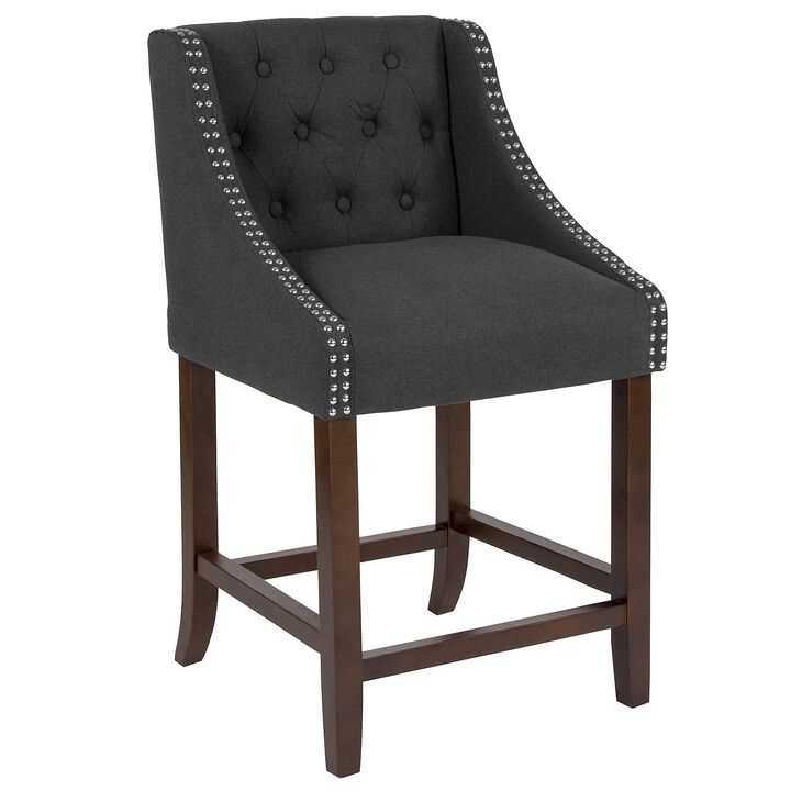Flash Furniture Carmel Series 24" High Transitional Tufted Walnut Counter Height Stool with Accent Nail Trim in Charcoal Fabric