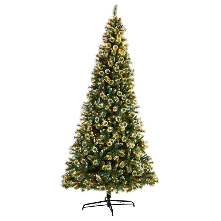 Nearly Natural 10-ft Frosted Swiss Pine Artificial Christmas Tree with 850 Clear LED Lights and Berries