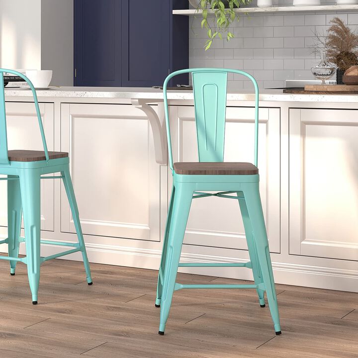 Flash Furniture Carly 24" High Mint Green Metal Counter Height Stool with Back and Wood Seat