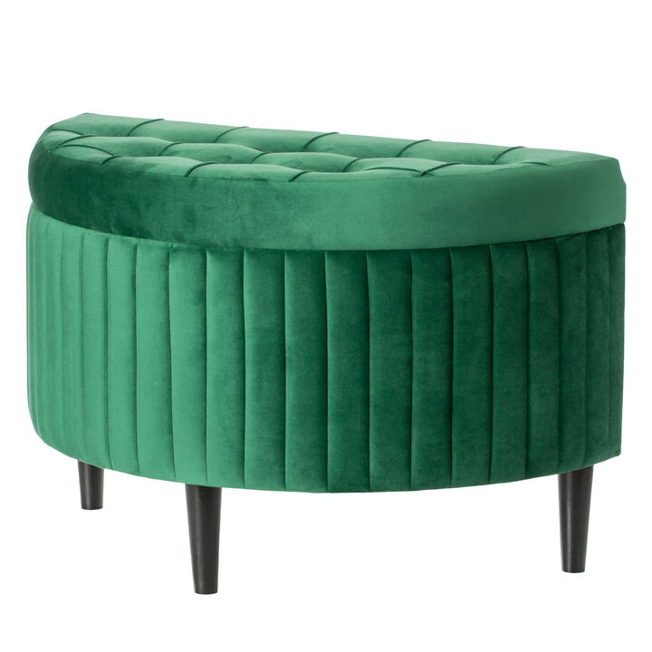 Half Moon Modern Velvet Tufted Storage Ottoman Bench, Green