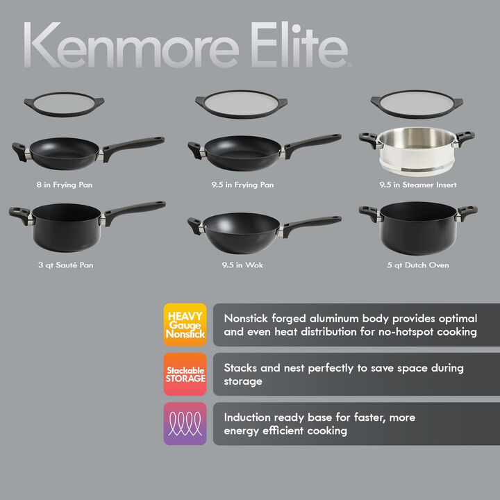 Kenmore Elite Grayson 9 Piece Nonstick Aluminum Stackable Cookware Set in Black