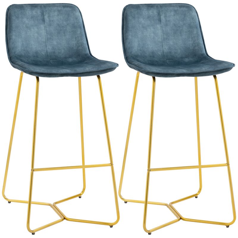 Tall Bar Stools, Set of 2, Velvet-Touch Fabric Bar Chairs, 30.25" Bar Height Stools with Gold-Tone Metal Legs for Dining Area, Home Bar, Blue