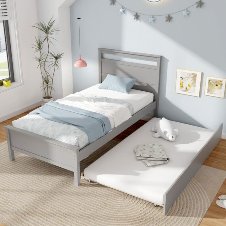 Hivvago Twin Size Wooden Bed Frame with Trundle for Teens and Adults