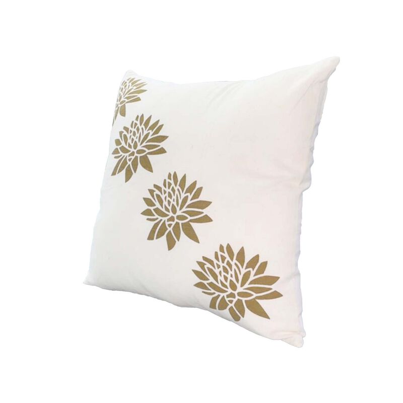 18 x 18 Square Accent Pillows, Soft Cotton Cover, Printed Lotus Flower, Set of 2, Gold, White-Benzara