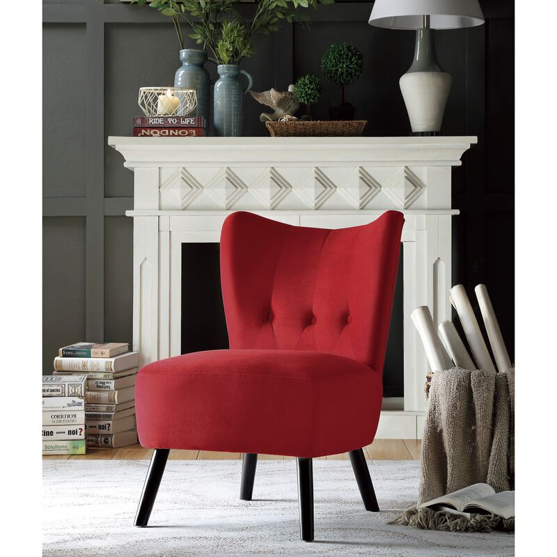 Unique Style Red Velvet Covering Accent Chair Button-Tufted Back Brown Finish Wood Legs Modern