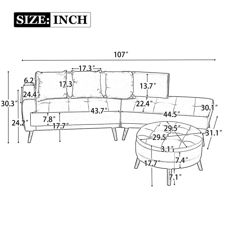 107" Contemporary Sofa Stylish Sofa Couch With A Round Storage Ottoman and 3 Pillows