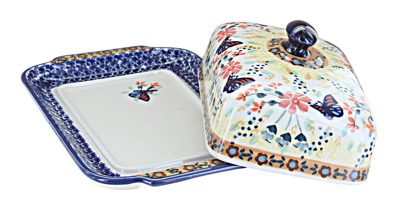 Blue Rose Polish Pottery Blue Butterfly Large Butter Dish