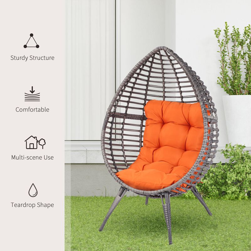 PE Rattan Egg Cuddle Chair with Soft Cushion, Height Adjustable Knob for Backyard, Living Room, Orange Teardrop Wicker Lounge Chair