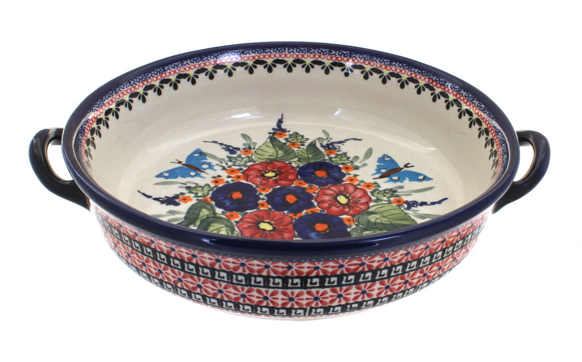 Blue Rose Polish Pottery Evergreen Round Casserole with Handles