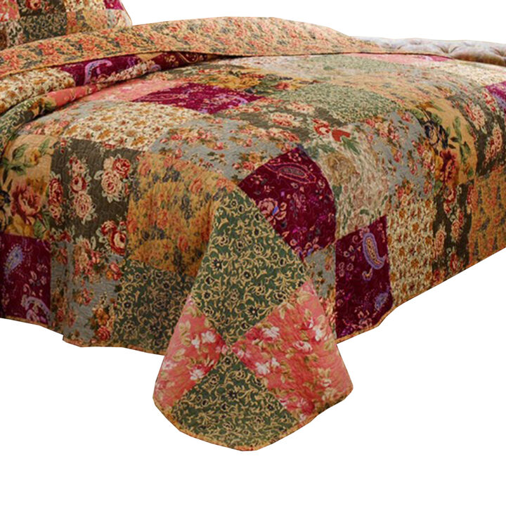 Kamet 3 Piece Fabric King Size Bedspread Set with Floral Prints, Multicolor - Benzara