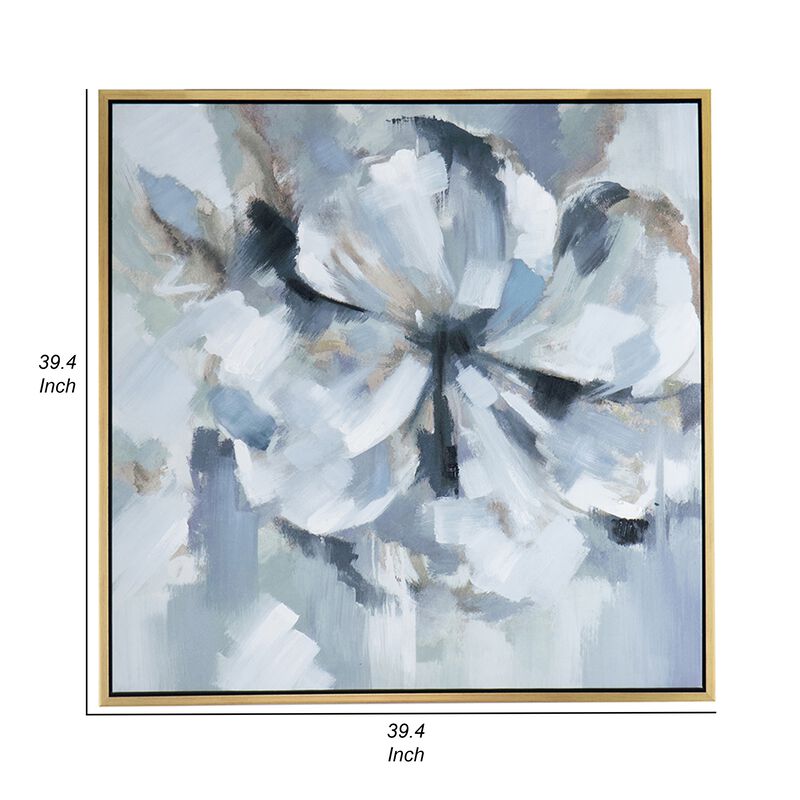 39 x 39 Square Wall Art Oil Painting, Flower Motif, Gray and Blue Canvas - Benzara