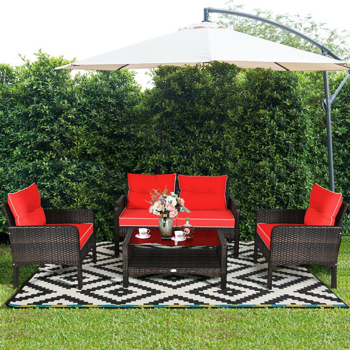 4 Pieces Outdoor Rattan Wicker Loveseat Furniture Set with Cushions