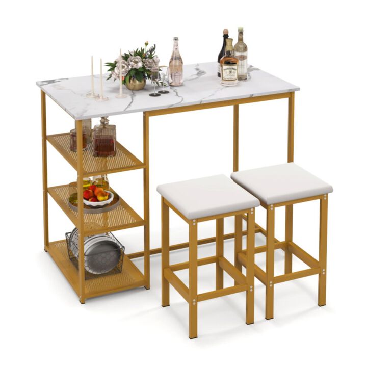 Hivvago 3 Pieces Gold Bar Table Set for 2 with 3-Tier Storage Shelves-Golden