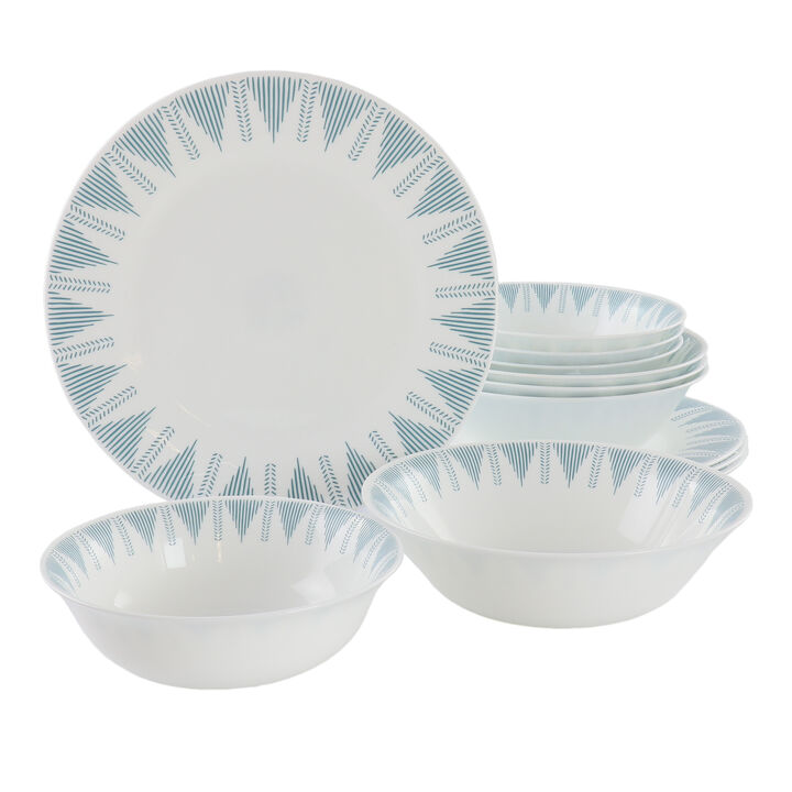 Ultra by Gibson Piper Point 12 Piece Opal Glass Dinnerware Set in White With Blue Accents